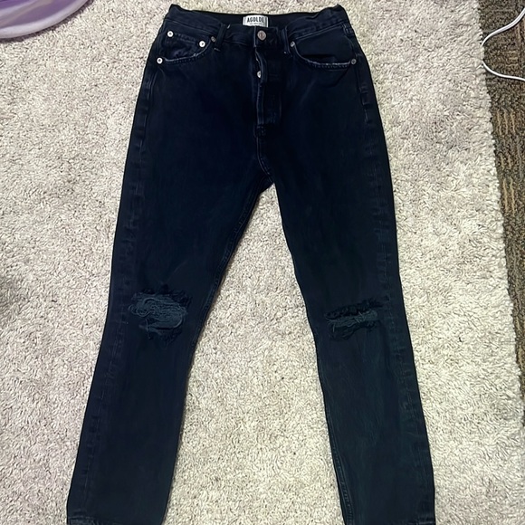 Agolde Black‎ High Waist Straight Leg Distressed Knee Women’s Jeans Size 26 - Picture 1 of 7